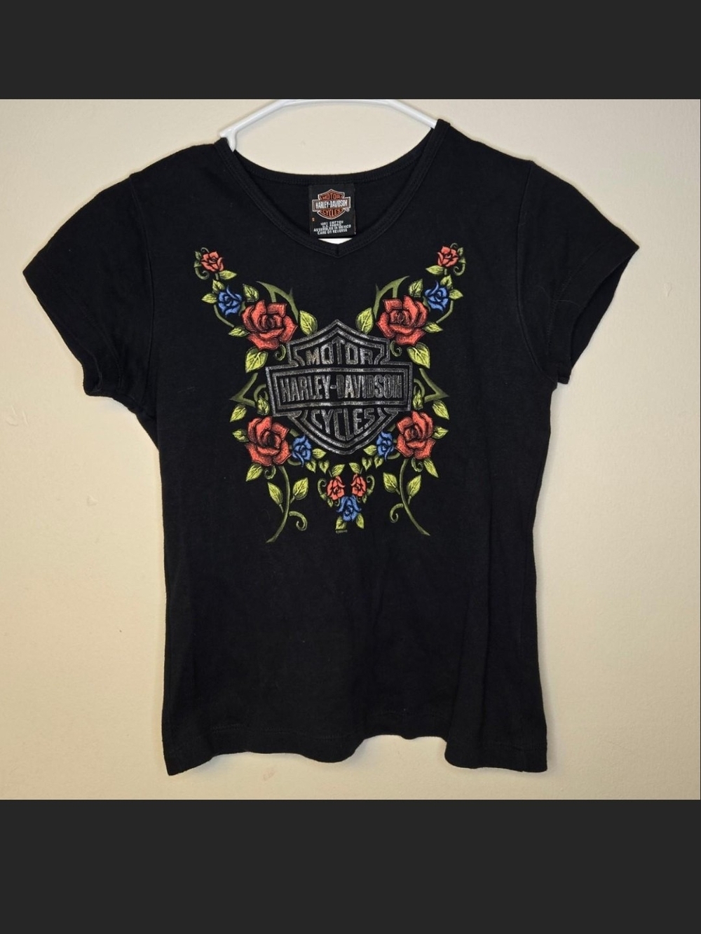 Harley-Davidson Black V-Neck Tee with Red & Blue Floral Detail